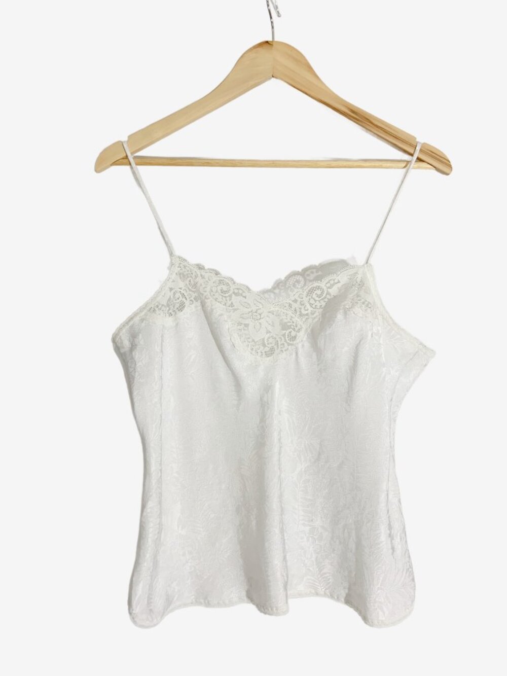 Vintage White Floral Jacquard Print Camisole Top with Lace Trim / size Medium